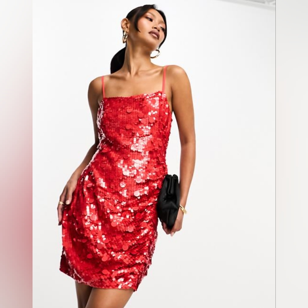 ASOS Edition Drape Side Red Sequin Cami Cocktail Party Mini Dress Size 2 NWT